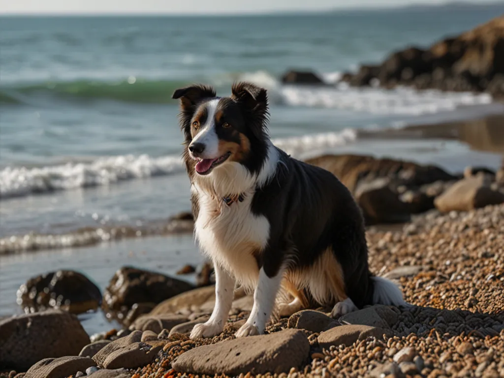 En majestätisk border collie på en stenig strand